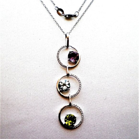 NEW NWOT 14K White Gold 0.12CT Diamond Multi Gem Journey Pendant Necklace Chain